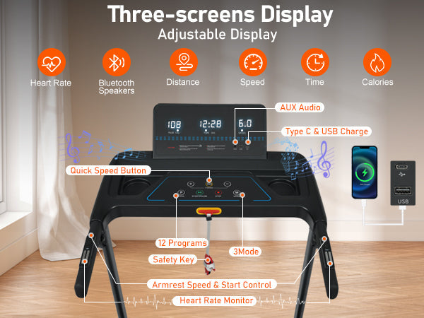 Folding Treadmills for Home Small, 3.0HP Portable Treadmill with 8% Incline,10MPH Walking Pad with Incline, 300 LBS Walking Pad Treadmills with Bluetooth, Heart Rate Sensors,Charge Station