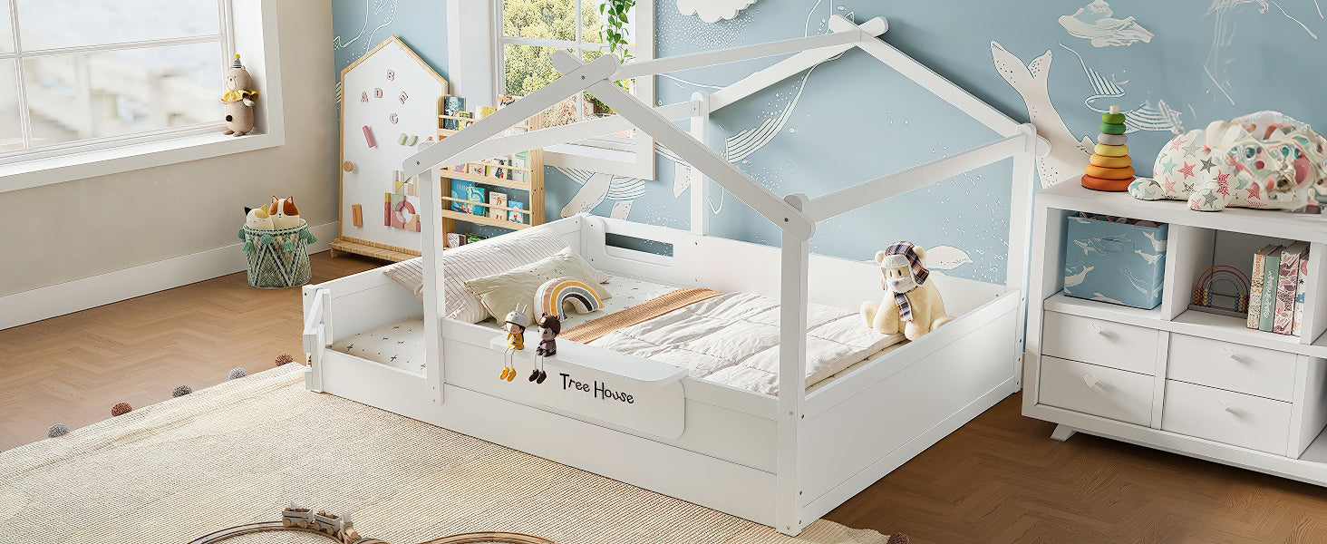 Queen Size Floor Bed with Guardrails and Roof, Kids House Floor Bed with a Small Built-in Tray and Free-installed Signboard, Childlike Design, White