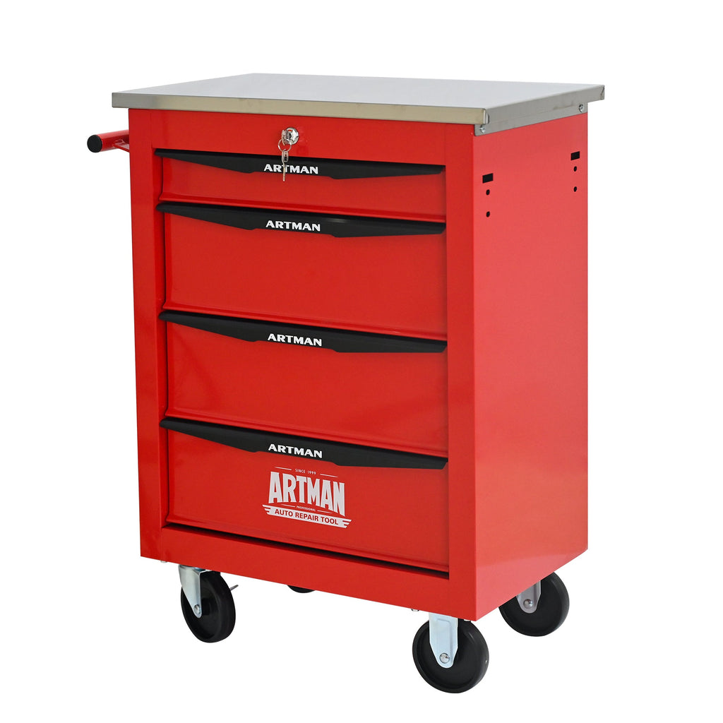 4 Drawers Multifunctional Tool Cart with Wheels,Metal Rolling Tool Cart Storage for Garage Workshop Warehouse Repair Shop--With  Stainless Steel Roof- Red&Black