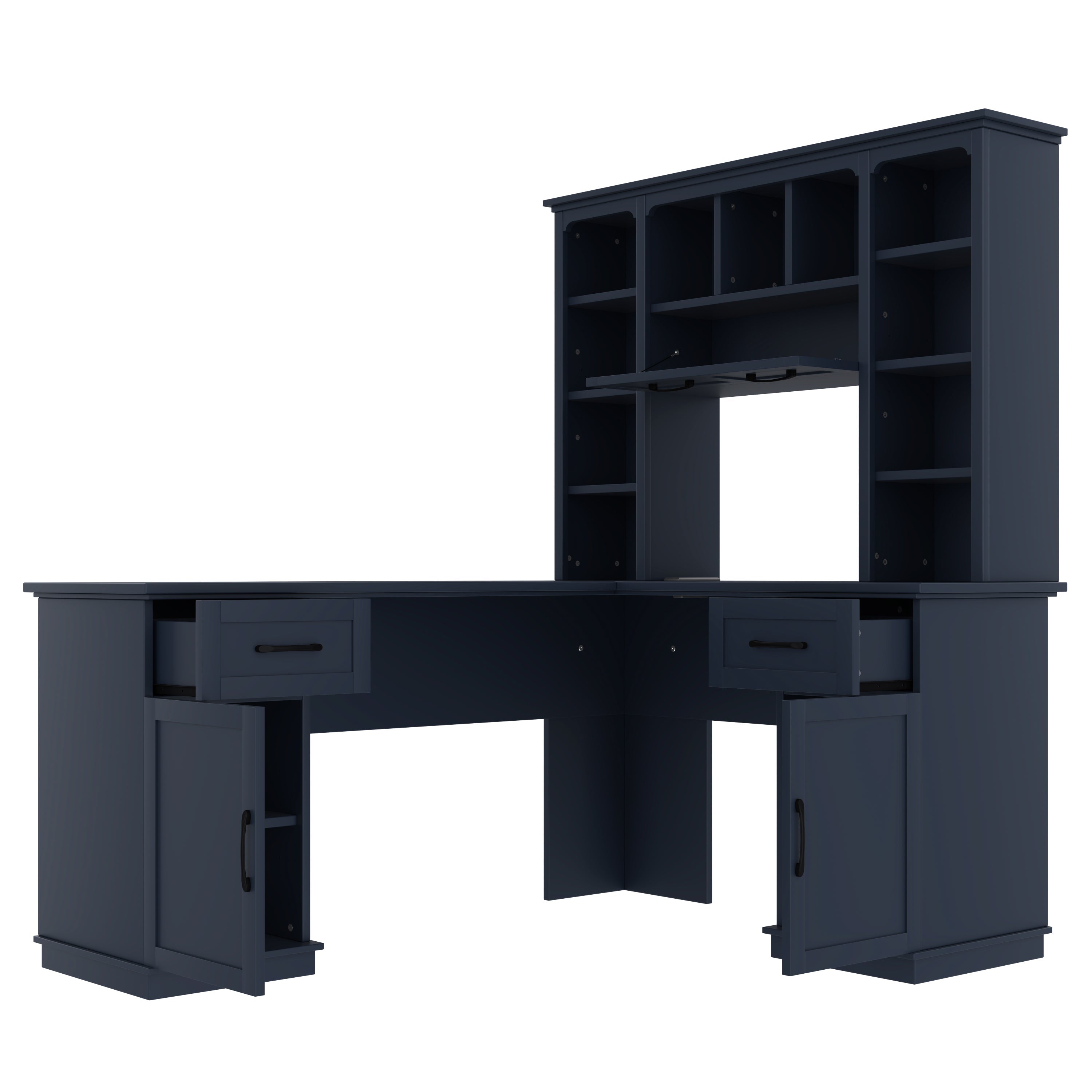 L-Shaped Computer Desk with 2 Cabinets and 2 Drawers, 11 Open Shelves, with Power Outlet, for Study, Living Room and Office, Antique Blue
