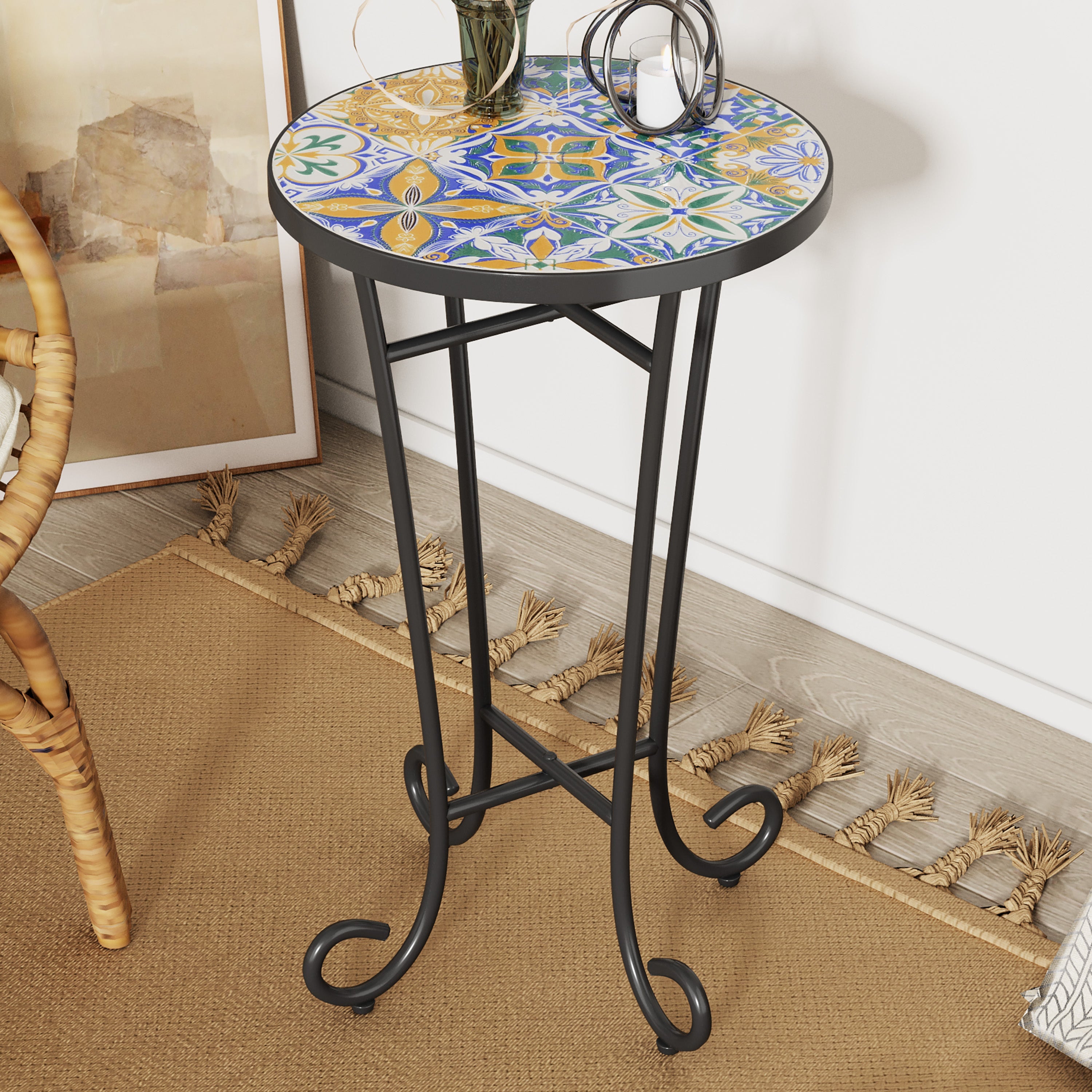 Vibrant French Country Patio Side Table with Colorful Ceramic Tile and Black Iron Frame