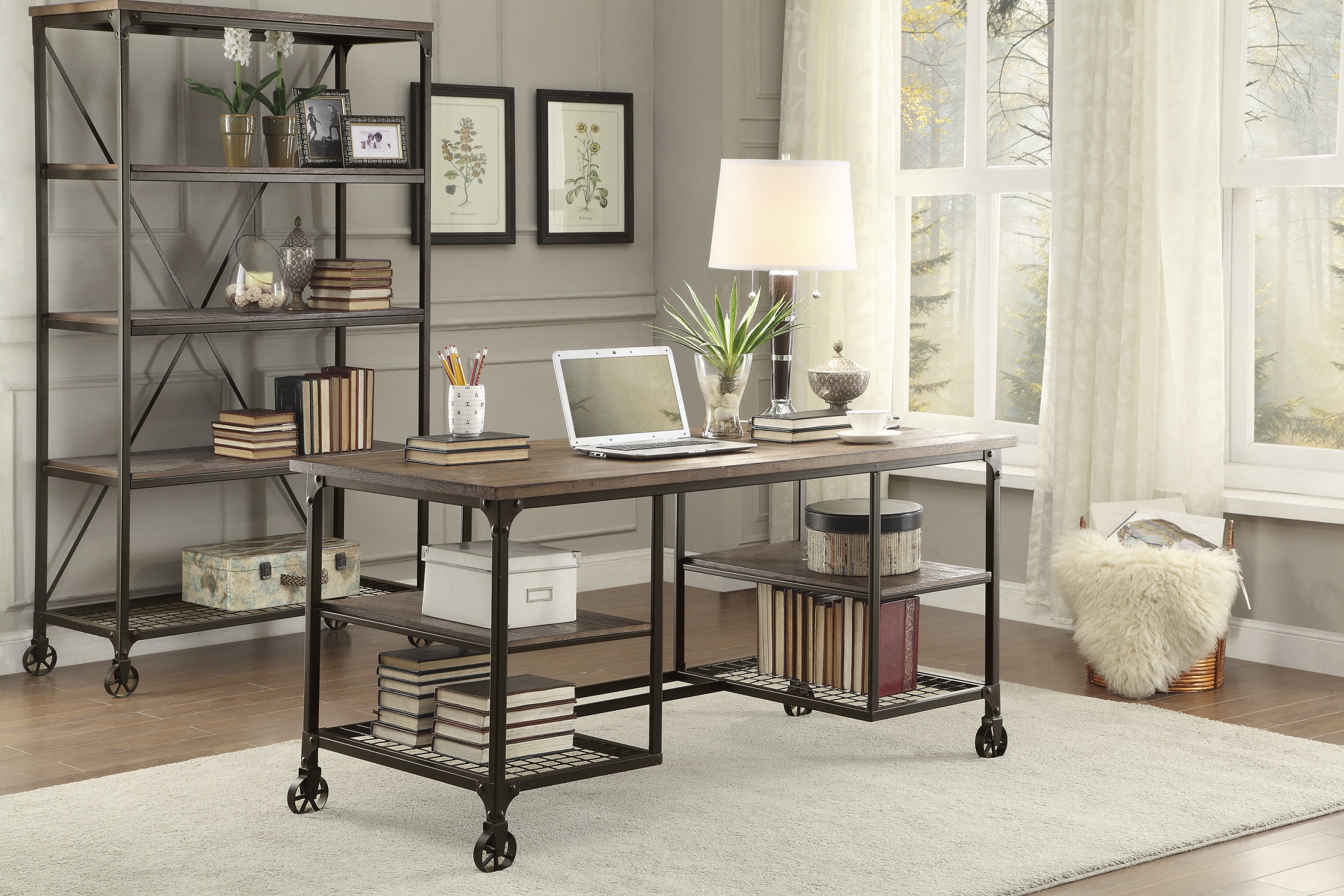 Modern Traditional Aesthetic 1pc Writing Desk with 4x Shelves Metal Casters Natural Finish and Rustic Black Metal Finish