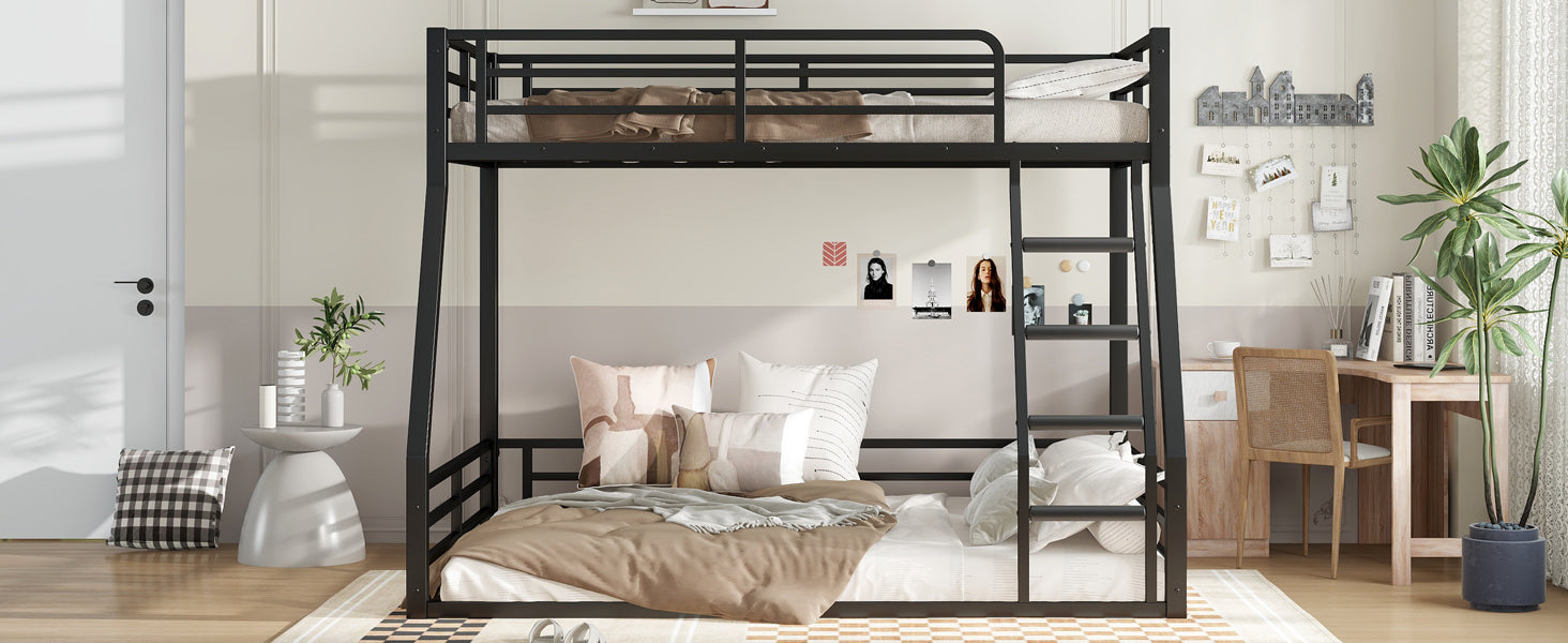 Metal Bunk Bed, Twin over Full Floor Bunk Bed Frame,Heavy-Duty Bunk Bed for Kids, Teens, Adults, Noise-reduced Design, Black