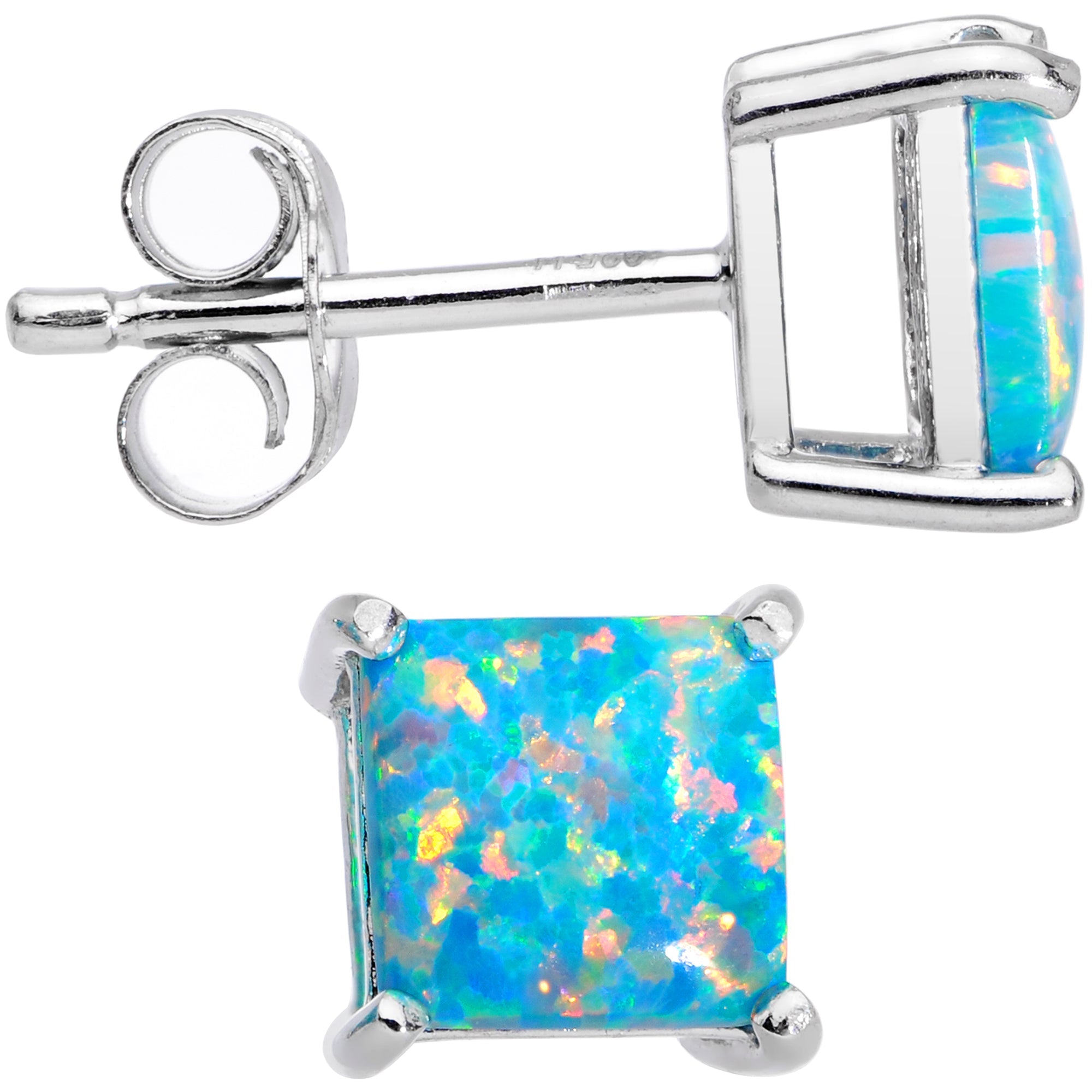 6mm Teal Square Sterling Silver Synthetic Opal Stud Earrings