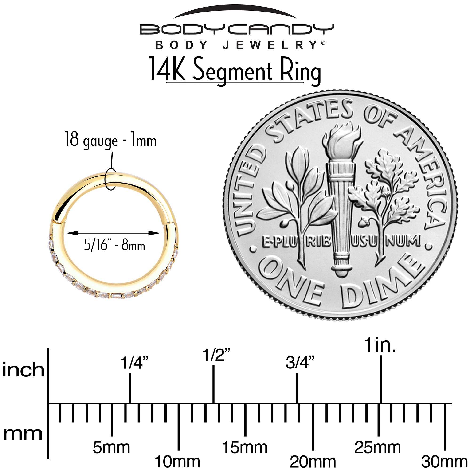 14k Solid Yellow Gold Hinged Segment Ring Forward Facing CZ 18G 5/16