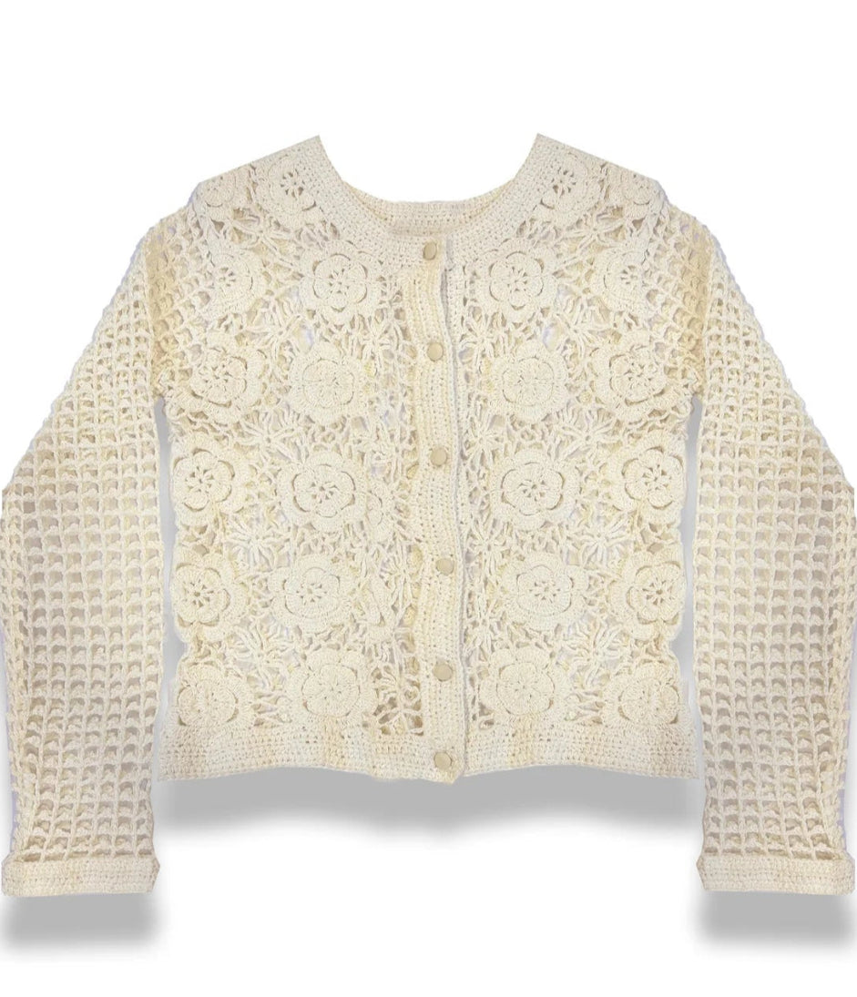 KatieJ NYC Cream Bailey Pattern Crochet Cardigan