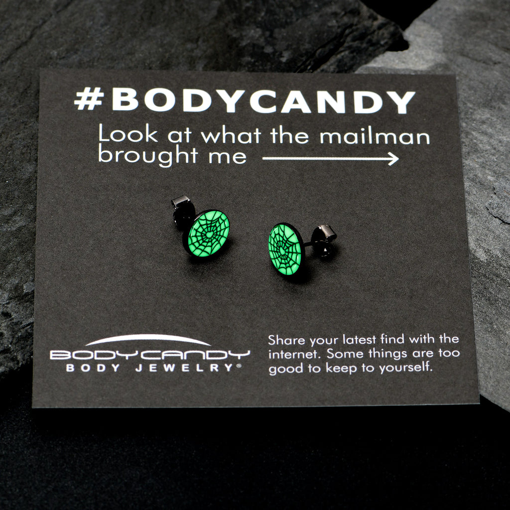 Black Anodized Steel Heart Spider Web Glow in the Dark Stud Earrings by Onyx O