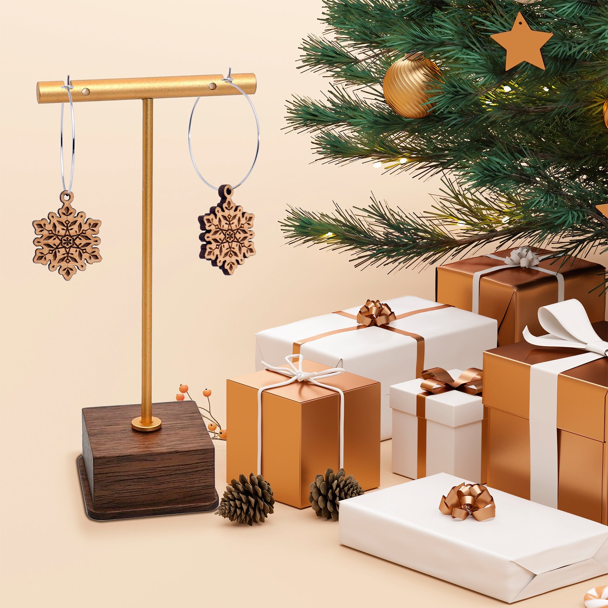 Natural Wood Snowflake Hoop Earrings