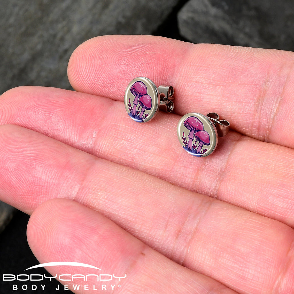 Artist Drawn Pink Mushrooms Stud Earrings by Onyx O