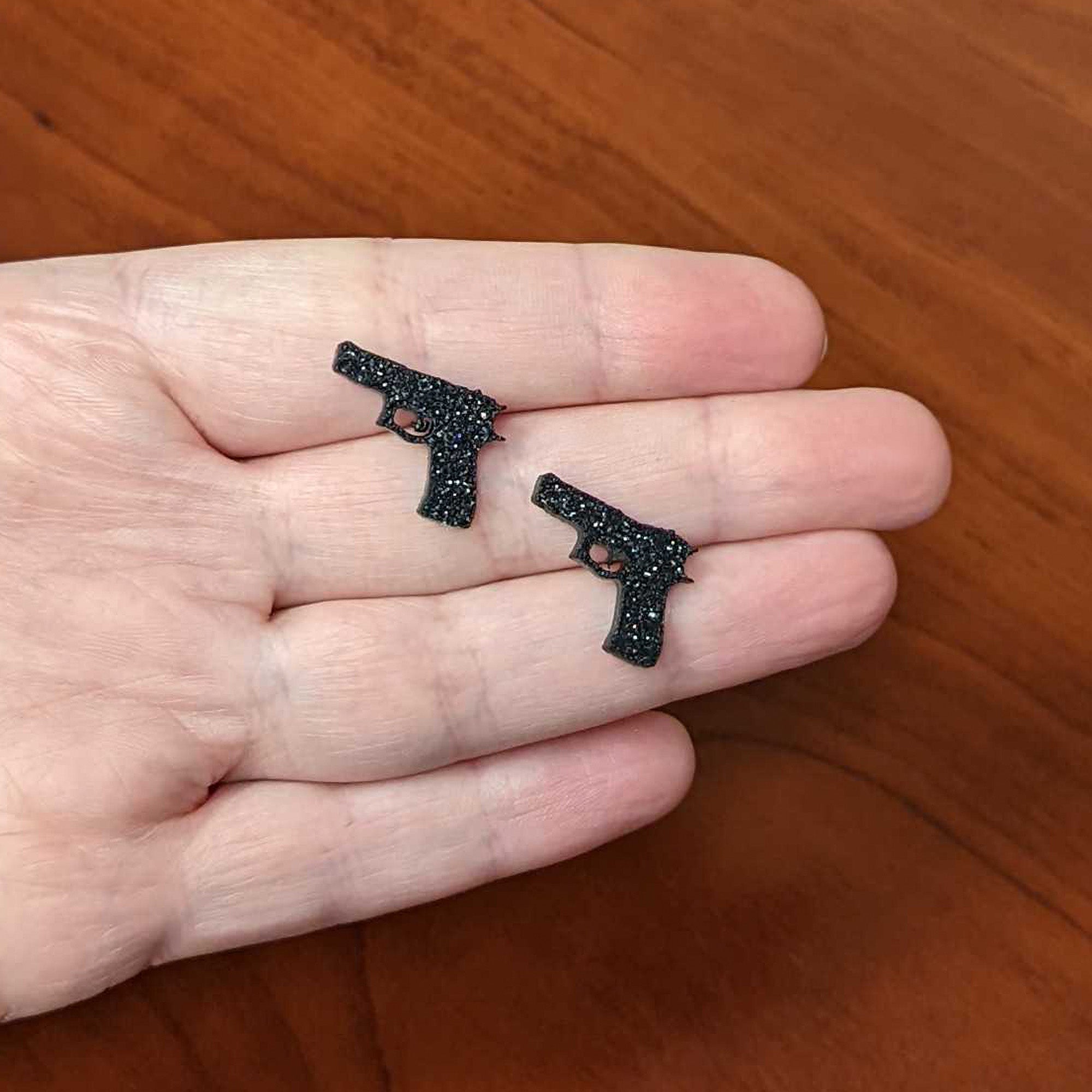 Black Glitter Gun Stud Earrings Set