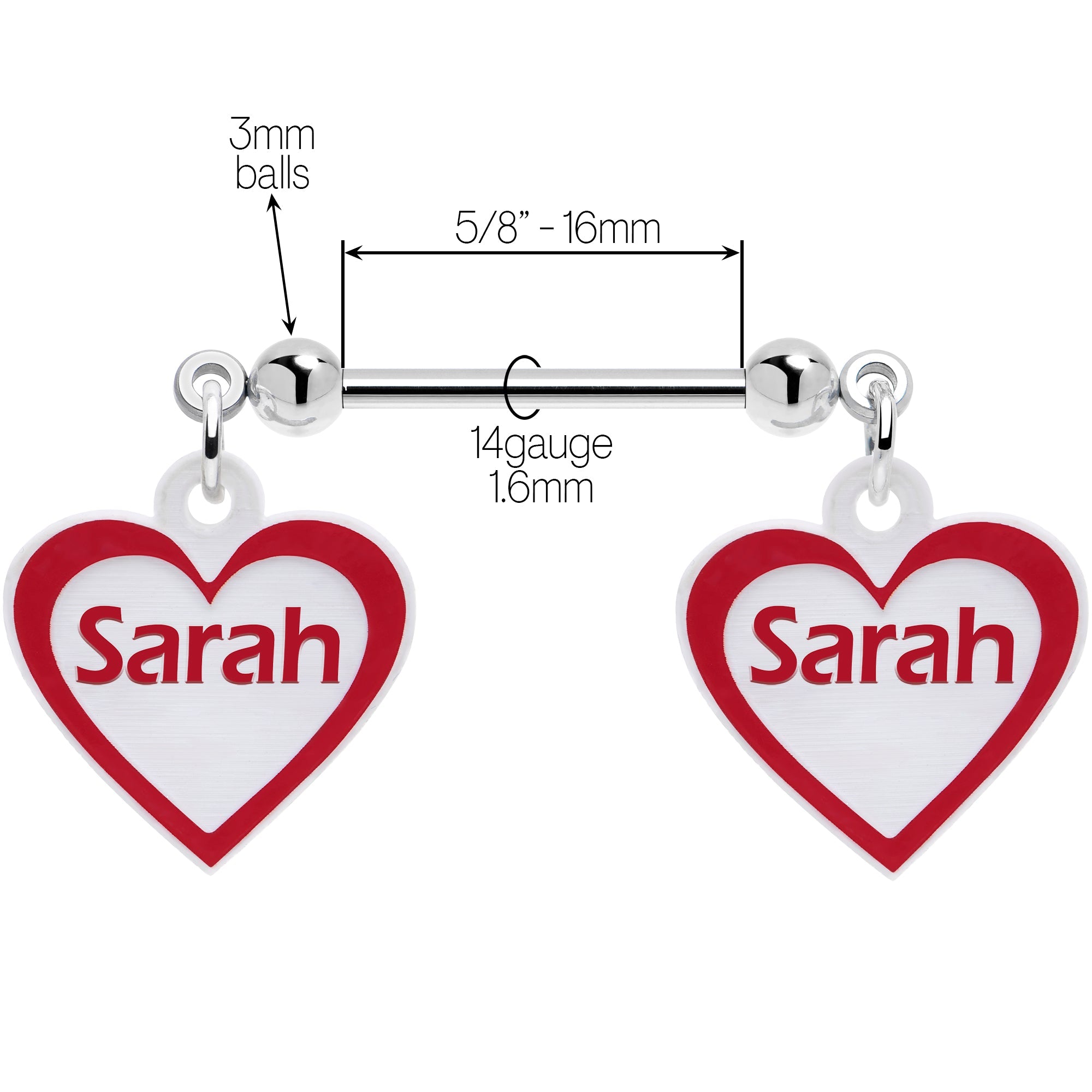 Custom Red White Heart Double Personalized Name Dangle Nipple Ring Set