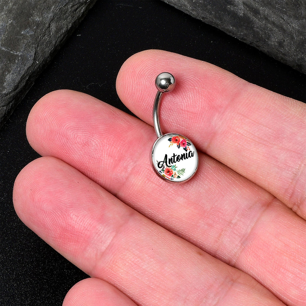 Custom Floral Personalized Name Belly Ring