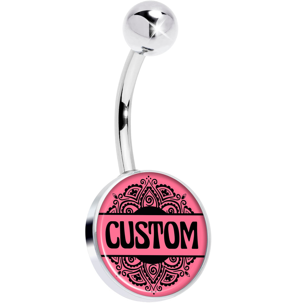 Custom Pink Mandala Personalized Name Belly Ring