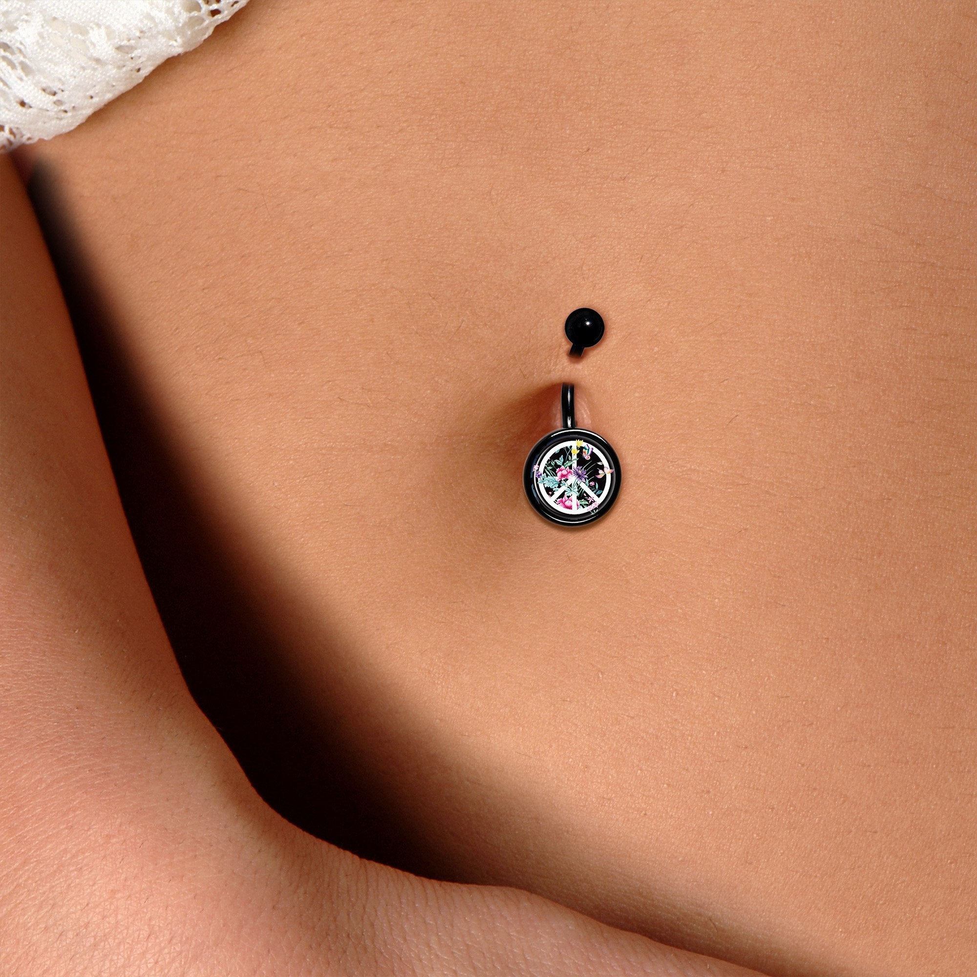 Floral Peace Sign Black Belly Ring
