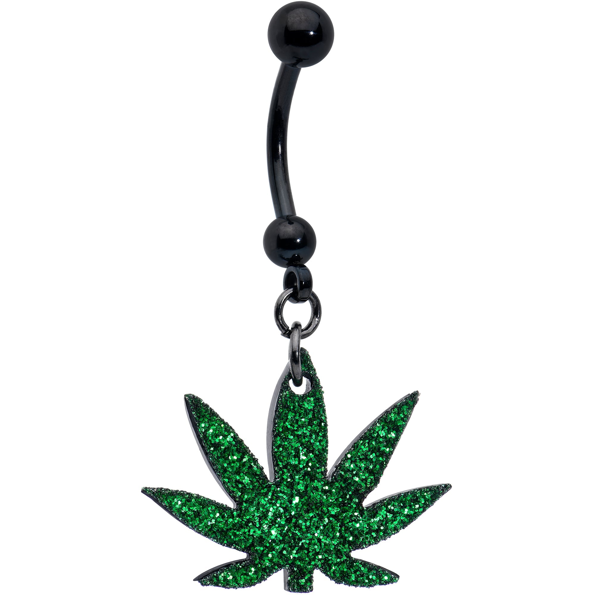 Green Glitter Marijuana Pot Leaf Black Dangle Belly Ring