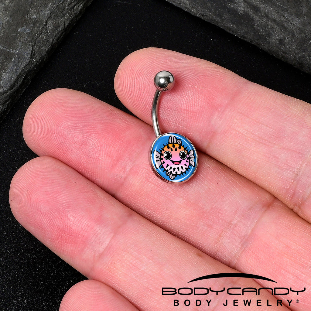 Swimming Pink Pufferfish Belly Ring by Onyx O