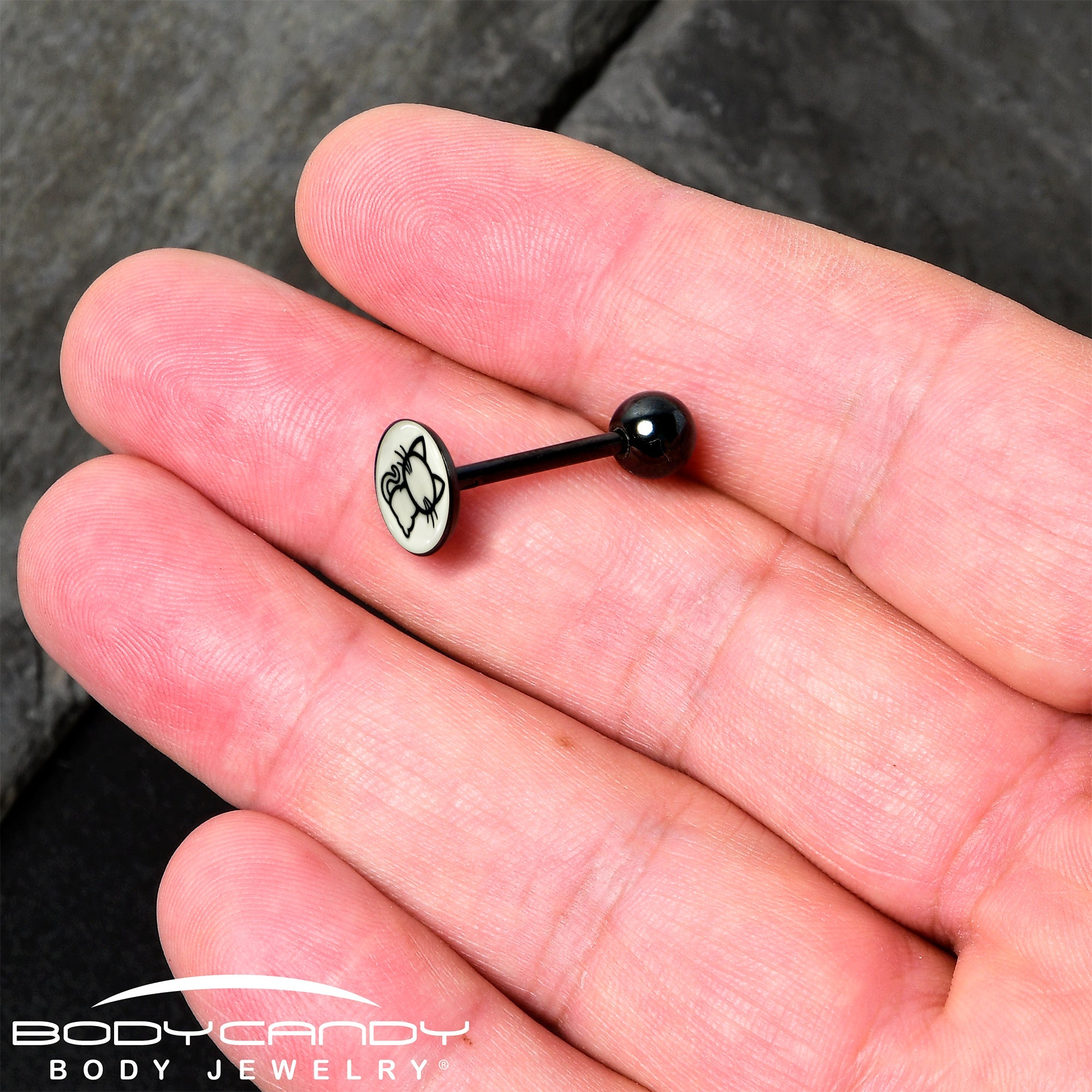Glow in the Dark Black Anodized Kitty Cat Barbell Tongue Ring by Onyx O