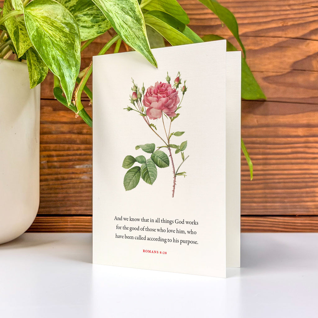 Romans 8:28, All Things Work Together—Scripture Floral Greeting Card