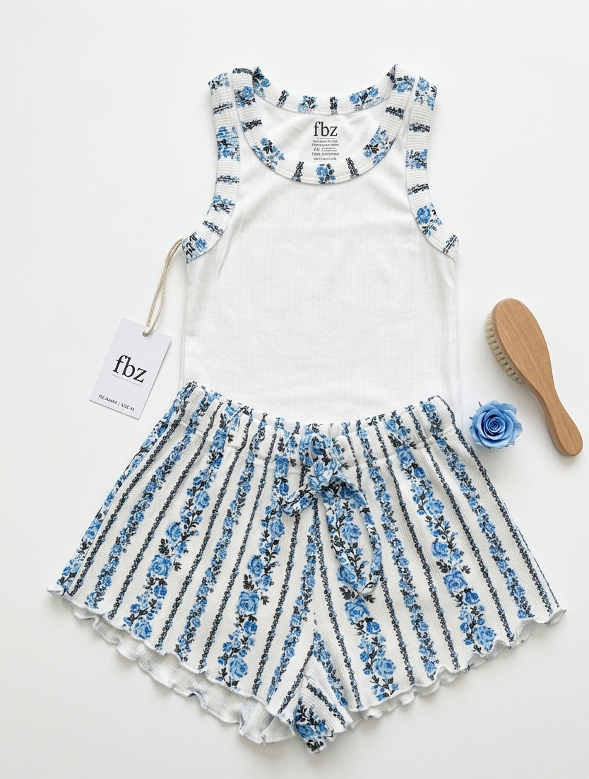 FBZ - White with Blue Floral Tank Top & Shorts Set