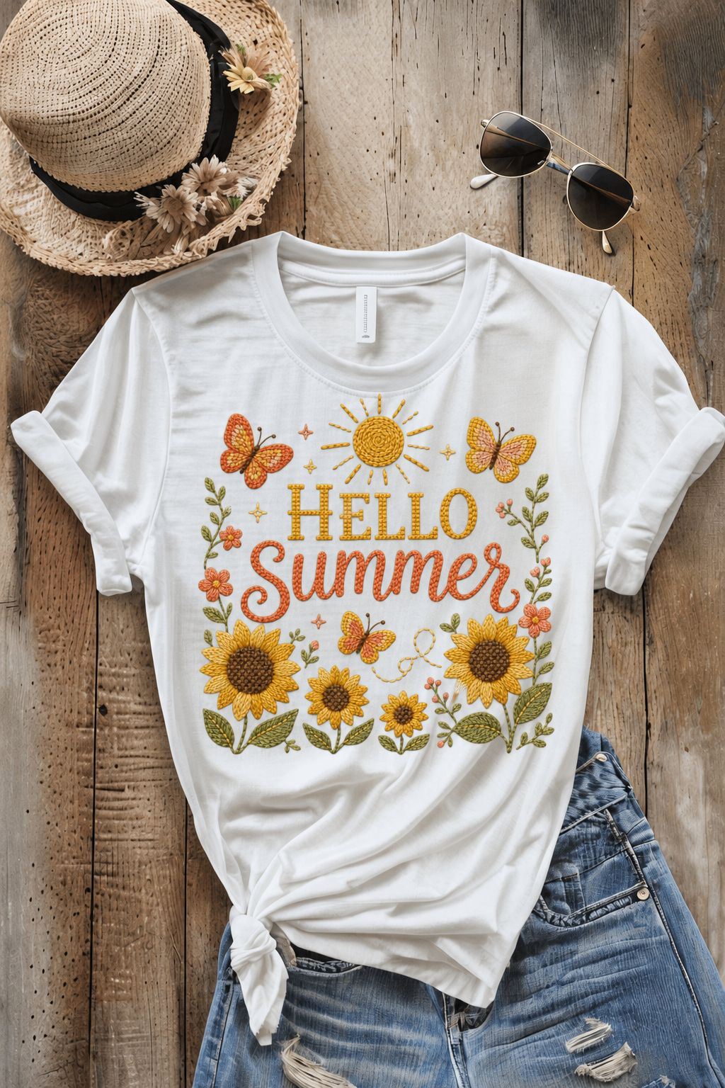 Hello Summer PNG Digital Download – Embroidered Sunflower & Butterfly Summer Design