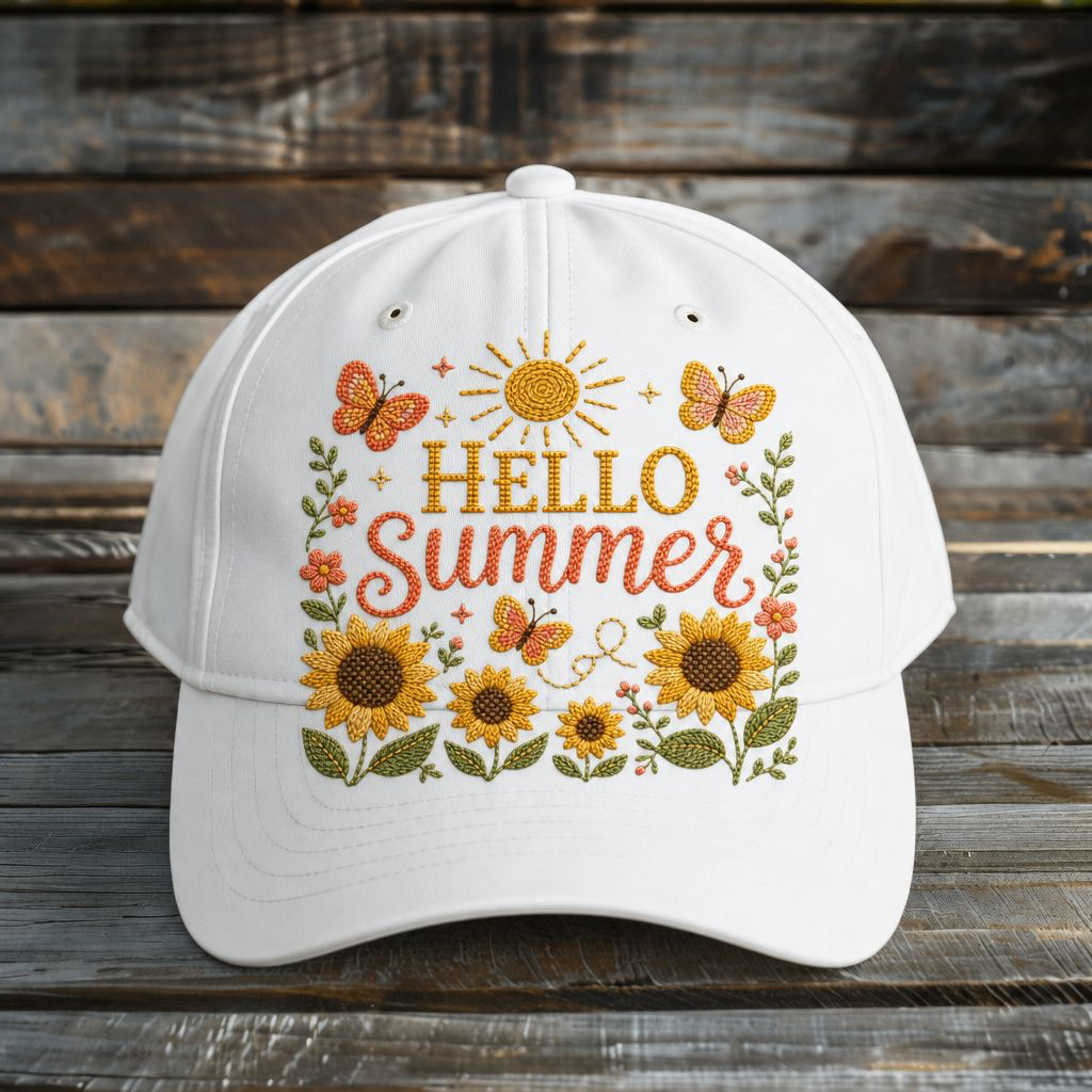 Hello Summer PNG Digital Download – Embroidered Sunflower & Butterfly Summer Design