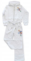 FBZ - 2 Pc Zip Up Hoodie & Pants Set, White Multicolor Stamp Capri