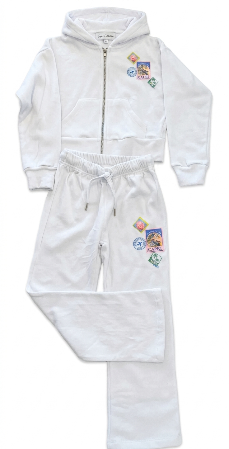 FBZ - 2 Pc Zip Up Hoodie & Pants Set, White Multicolor Stamp Capri