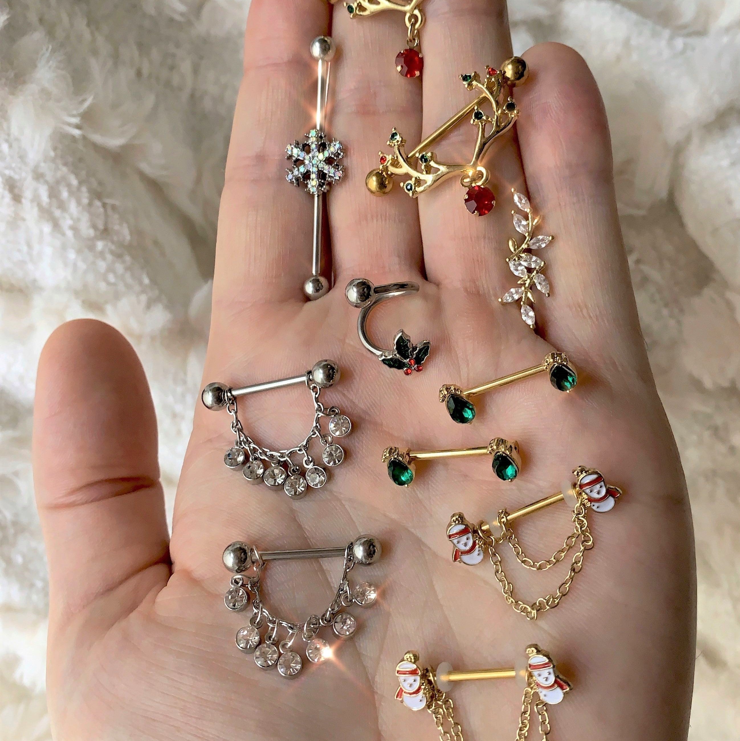 14G 9/16 Green Gem Gold Tone Drop Barbell Nipple Ring Set
