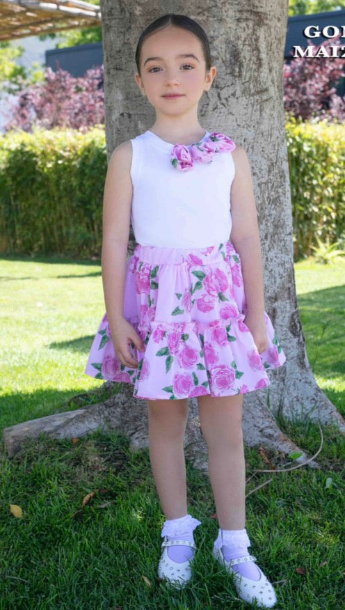 Maison Les Rouche - Girls Sleeveless Floral Top & Skirt, White/Pink