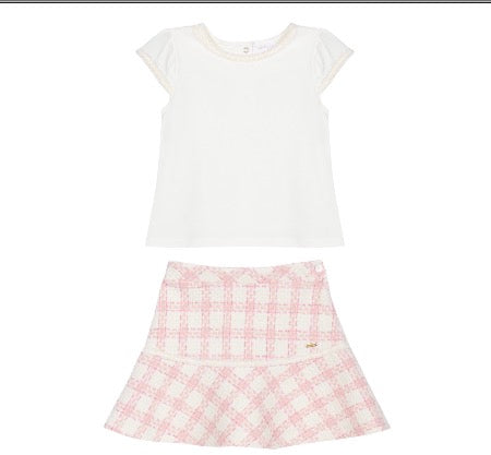 Patachou - Girls 2 pc Shirt & Skirt, Pink Checked Tweed