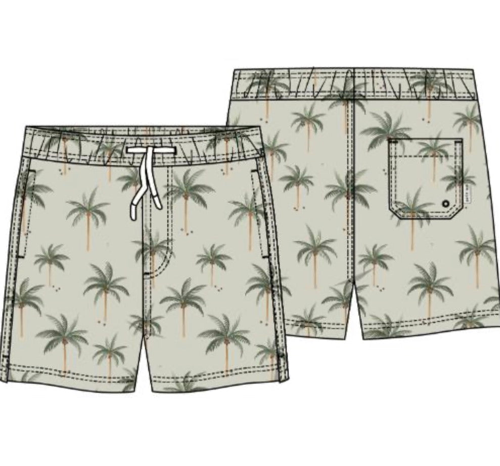 Petite Lem - Woven Swim Trunks, Light Green Palm Trees