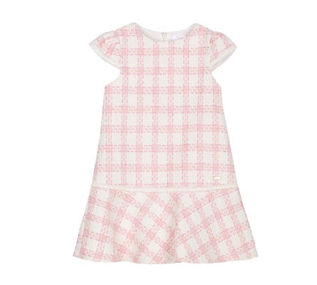 Patachou - Girls Checkered Dress, Pink Checked Tweed