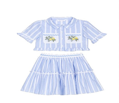 Patachou - Girls 2 pc Striped Shirt & Skirt, Blue Stripes