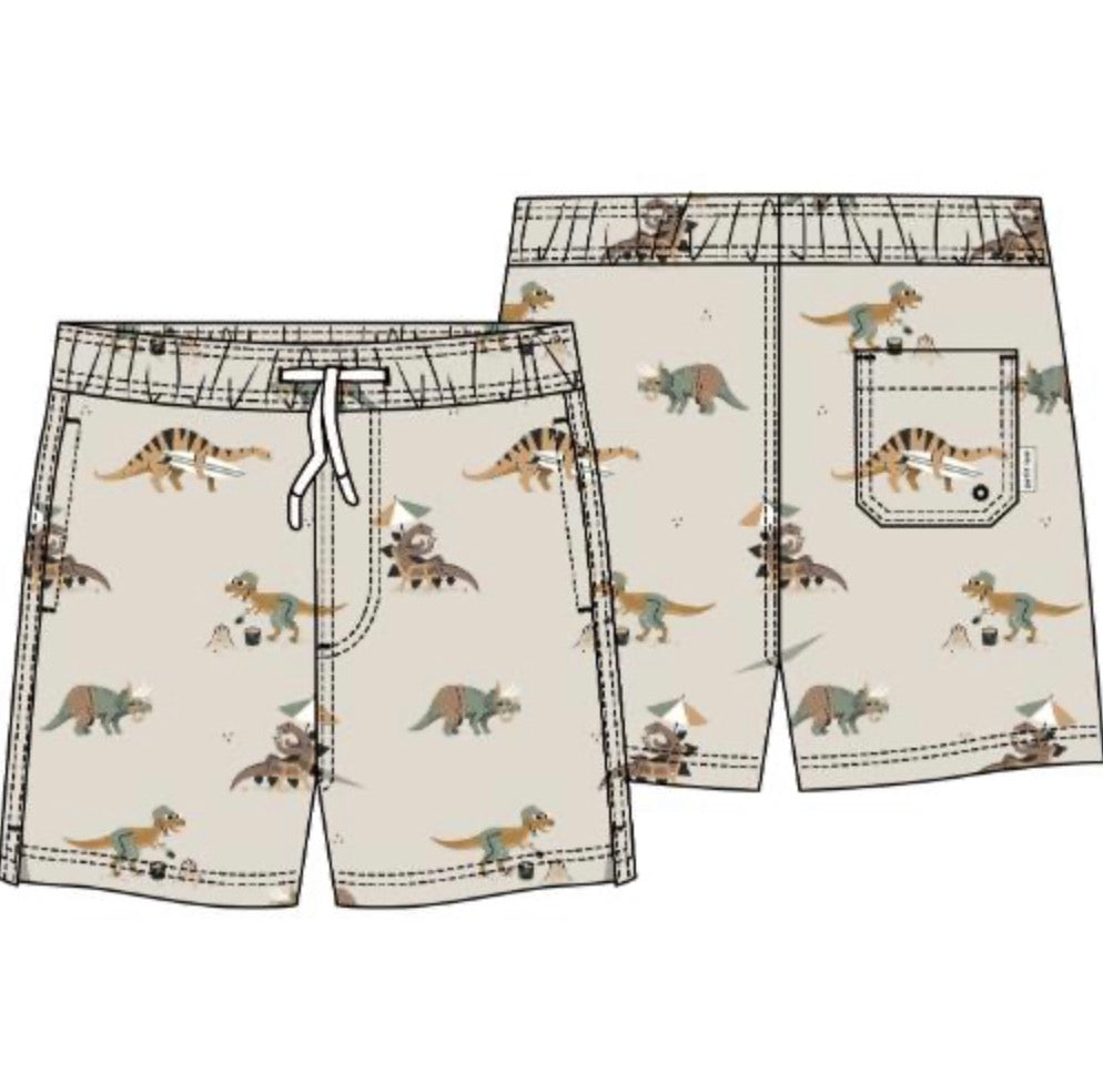 Petite Lem - Woven Swim Trunks, Beige Dinos