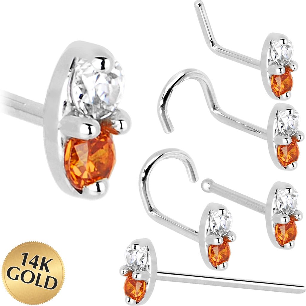 14k White Gold Orange 1.5mm CZ Marquise Nose Ring