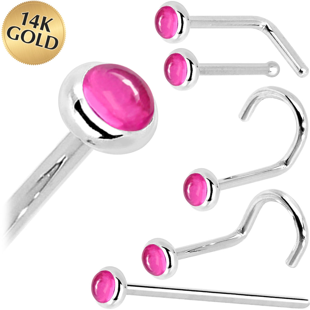 Solid 14K White Gold 2mm Pink Tourmaline Nose Ring