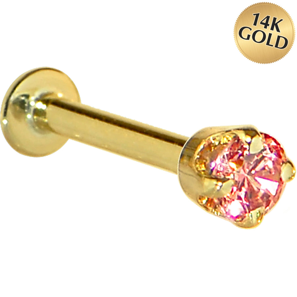 16G Solid 14K Yellow Gold 3mm Salmon Cubic Zirconia Tragus Earring Stud