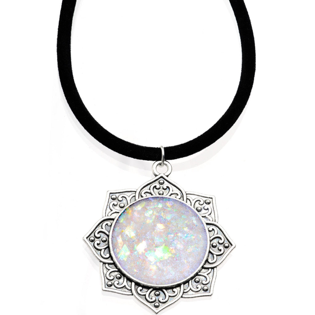 Handcrafted White Faux Opal Lotus Flower Love Velveteen Cord Necklace 16