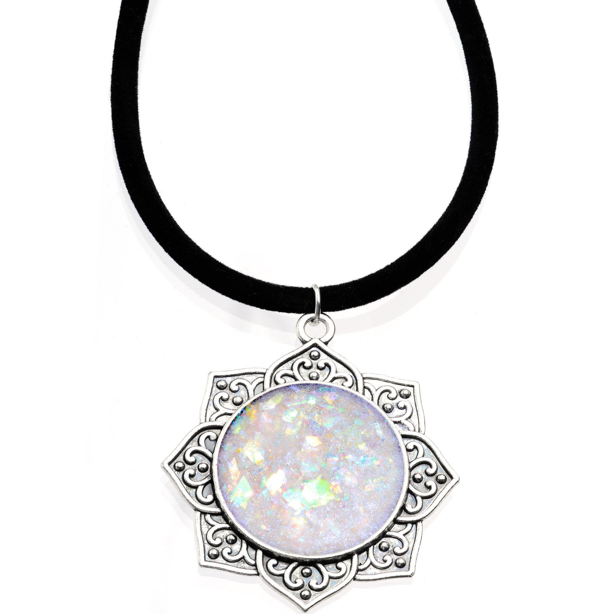 Handcrafted White Faux Opal Lotus Flower Love Velveteen Cord Necklace 16