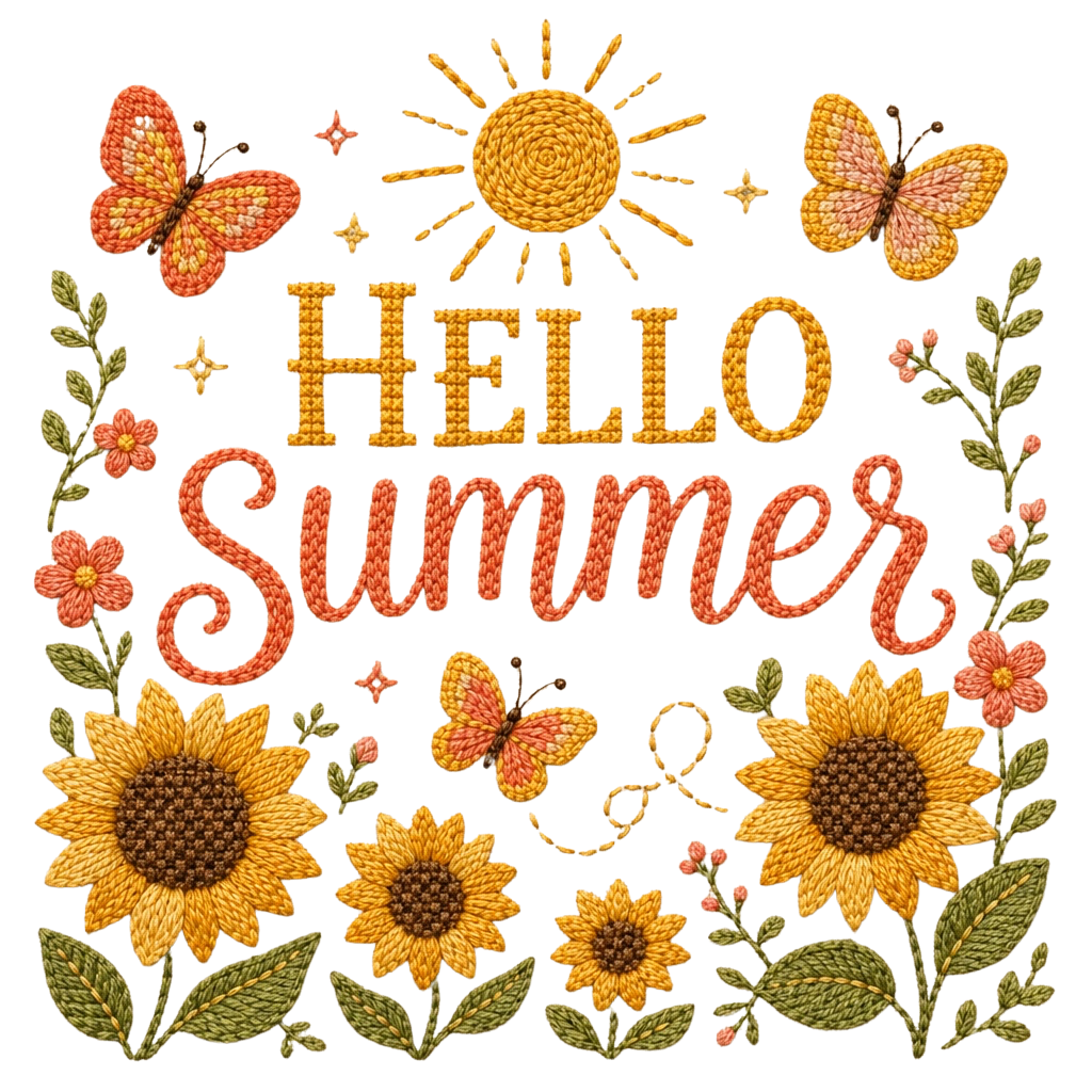 Hello Summer PNG Digital Download – Embroidered Sunflower & Butterfly Summer Design