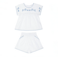 Minnow - Girls White Embroidered Top & Short with Dusk Blue Embroidery
