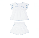 Minnow - Girls White Embroidered Top & Short with Dusk Blue Embroidery