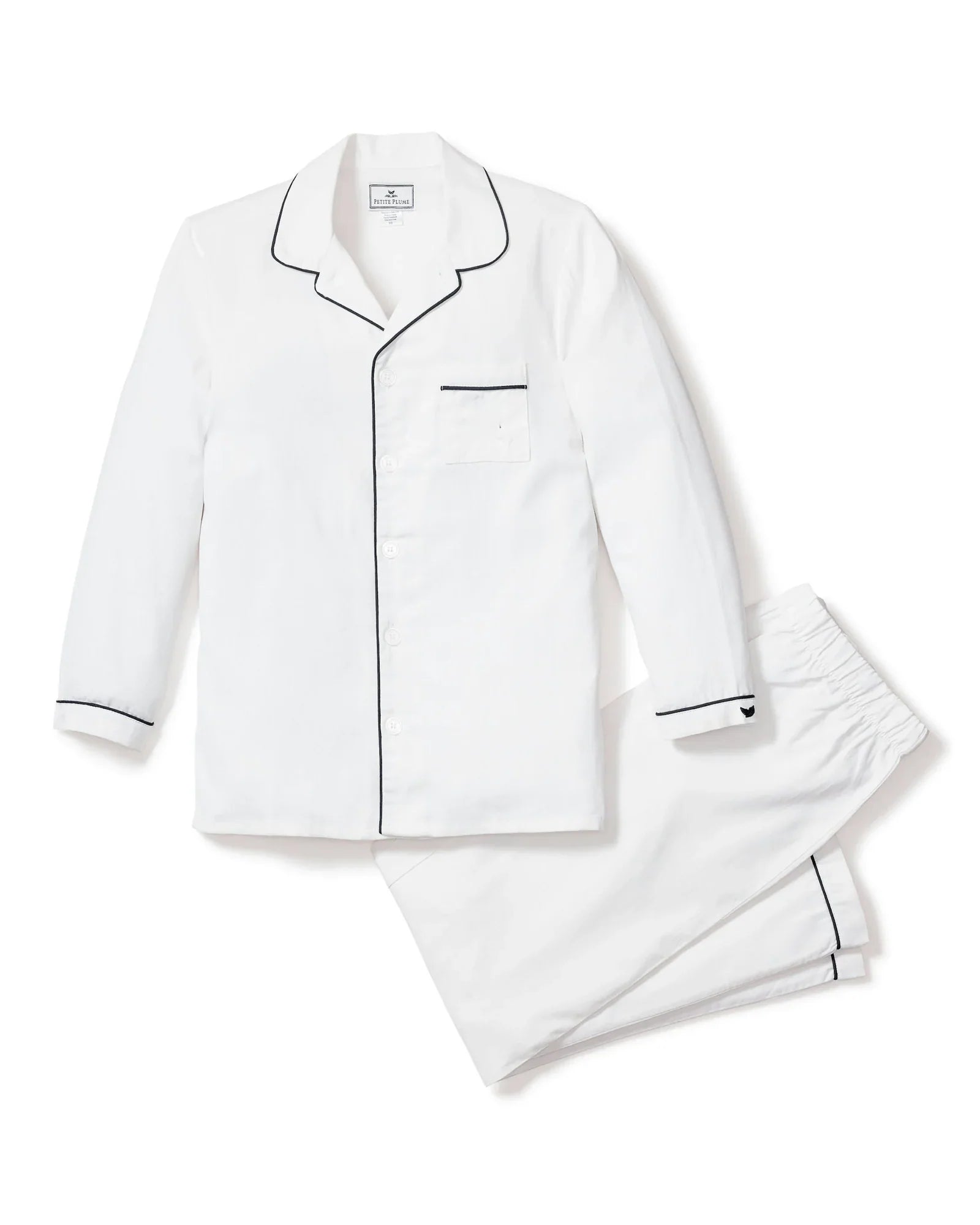 Petite Plume - Kid's Twill White Pajama Set in White with Navy Piping