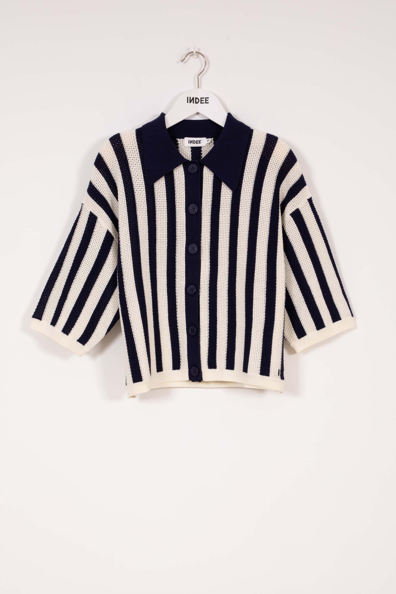 Indee - Varnish Striped Polo Neck Cardigan, Navy