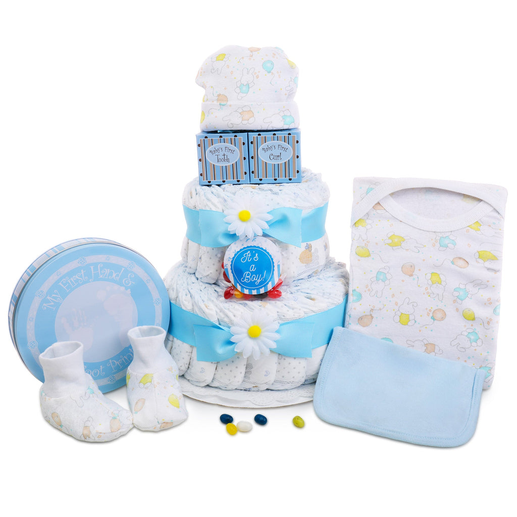 Blue Two-Tier Diaper Cake Gift Basket