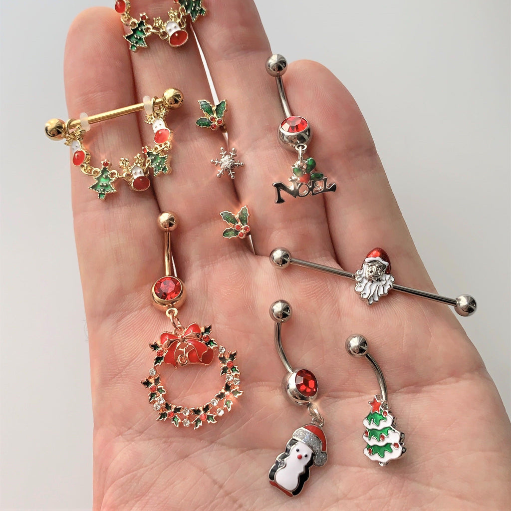 16G 1/4 Red Gem Rose Tone Mistletoe Christmas Cartilage Tragus