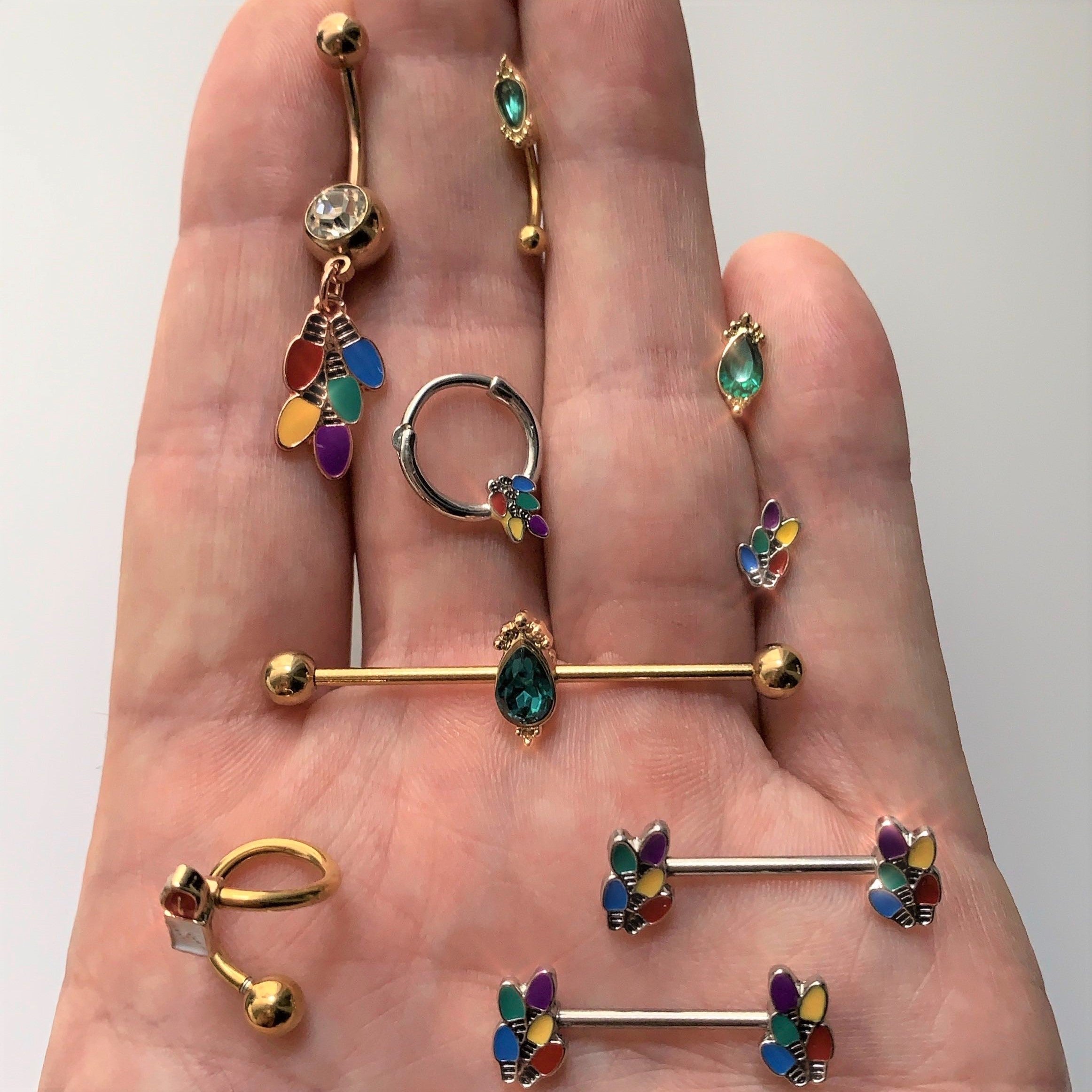 14G Green Gem Gold Tone Regal Drop Industrial Barbell 38mm