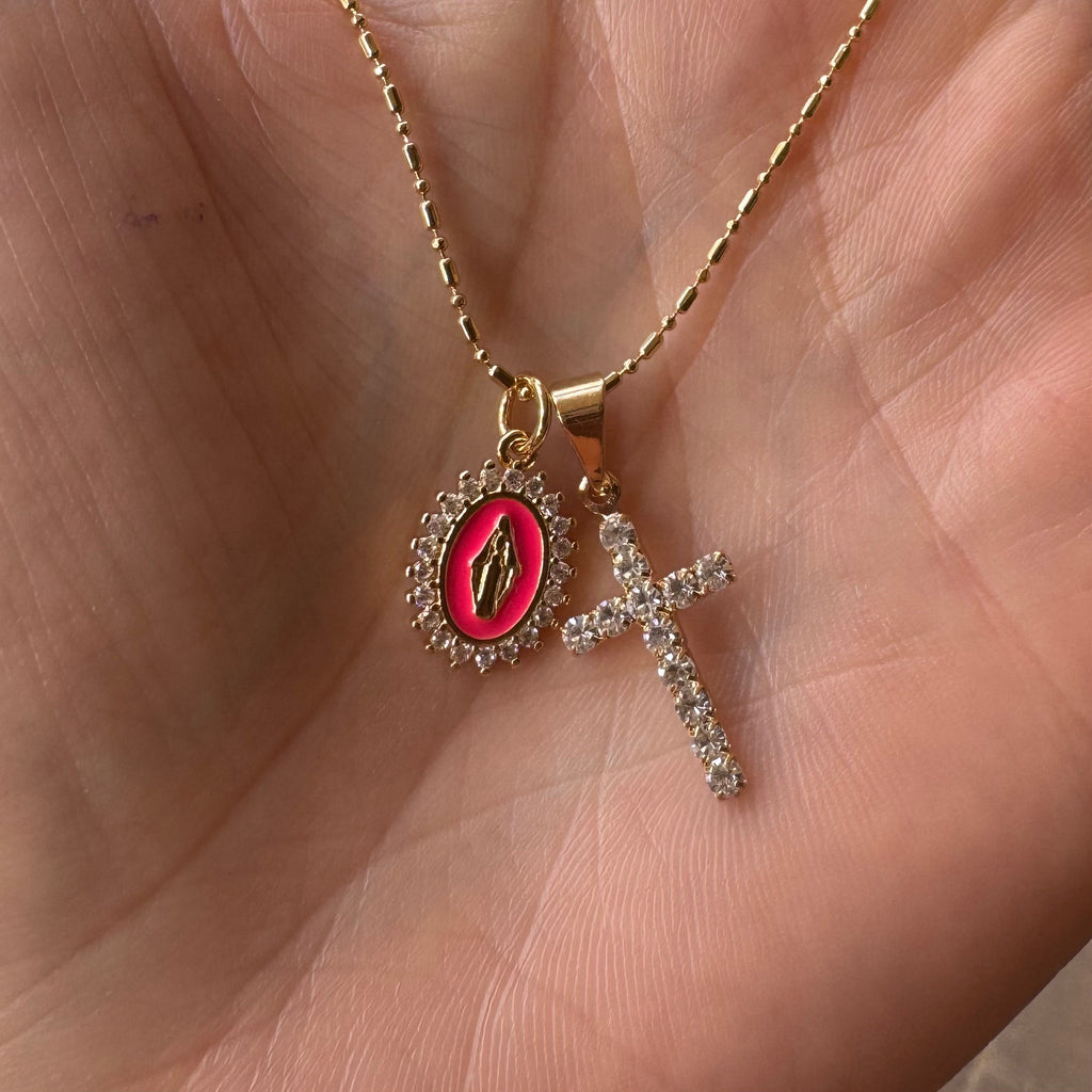 Pink Virgin Maria Multi-Charm Necklace
