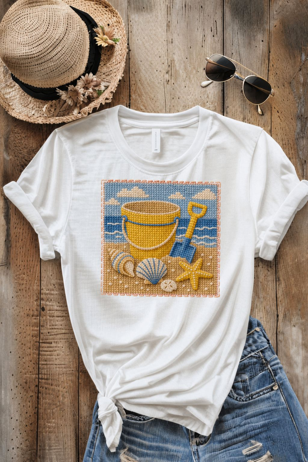 Beach Bucket PNG Digital Download – Embroidered Coastal Summer Clipart Design