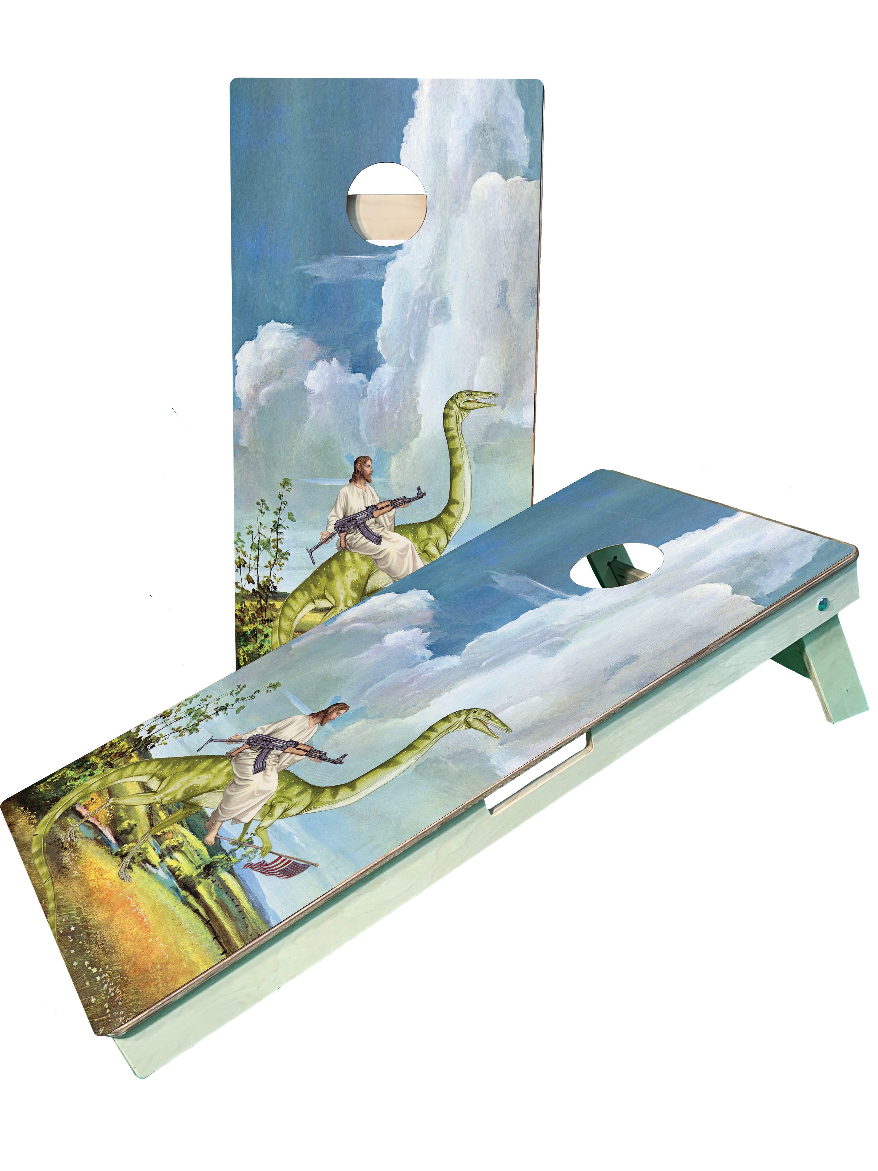 Jesus on Dinosaur USA Cornhole Boards